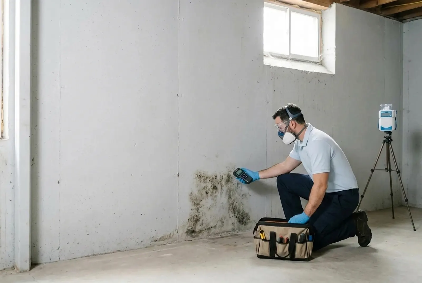 A certified inspector in protective equipment examining visible mold on a wall with a moisture meter, with an air sampling pump on a tripod behind him
